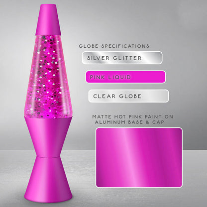 Pink Sparkle Lava Lamp 14.5". Silver glitter, pink liquid, clear globe, matte hot pink on aluminum base and cap.