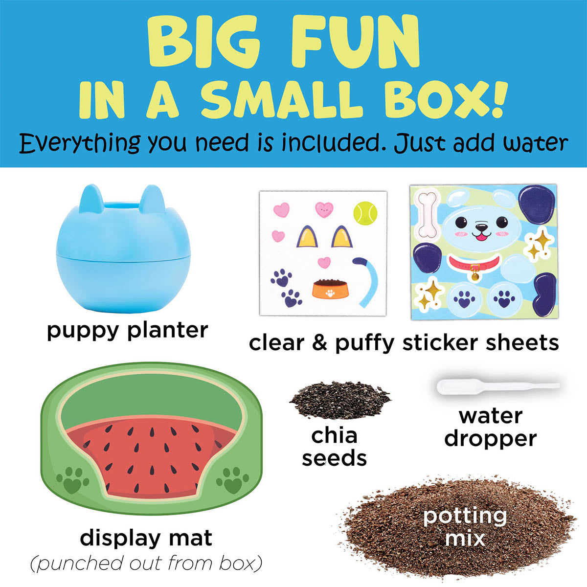 Kit includes everything you need for Plant-a-Pet Puppy chia garden by Creativity for Kids.