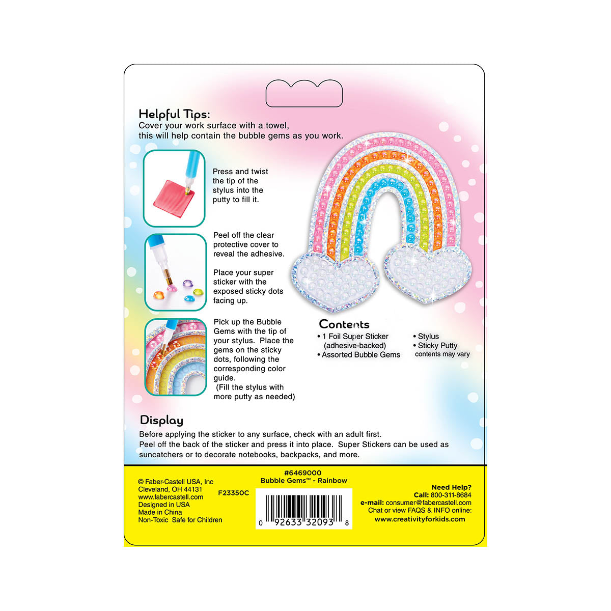 Back of package for Rainbow Bubble Gems Super Sticker by Creativity for Kids.