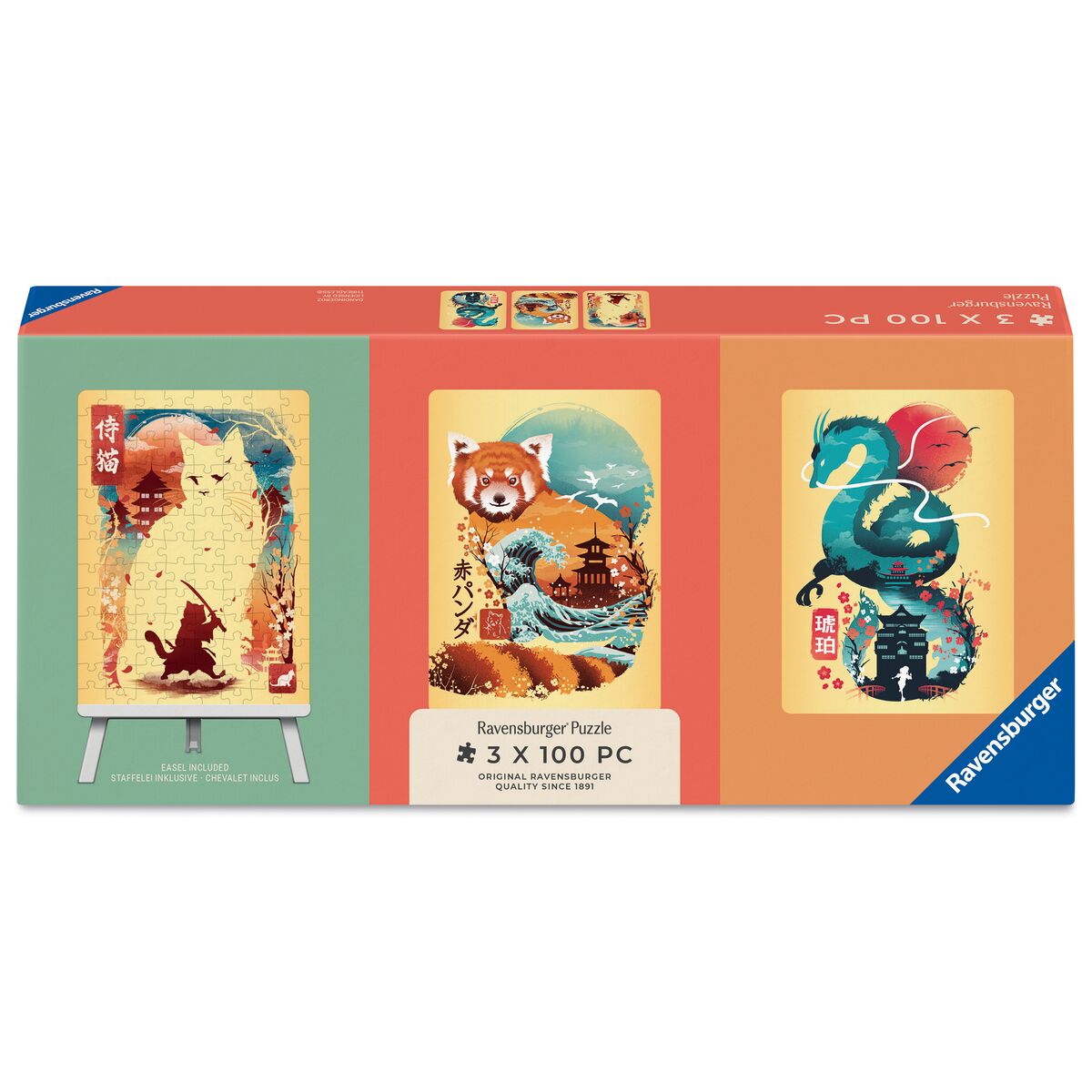 Ravensburger Ukiyo-E Cat Warrior Red Panda & Dragon 3x 100 Piece Mini Jigsaw Puzzles