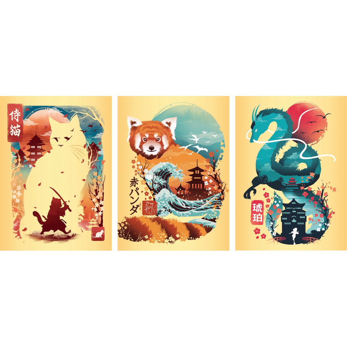 Ravensburger Ukiyo-E Cat Warrior Red Panda & Dragon 3x 100 Piece Mini Jigsaw Puzzles