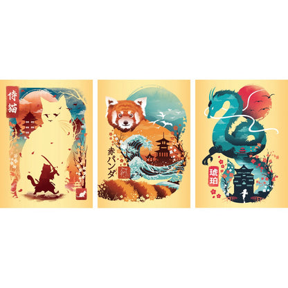Ravensburger Ukiyo-E Cat Warrior Red Panda & Dragon 3x 100 Piece Mini Jigsaw Puzzles