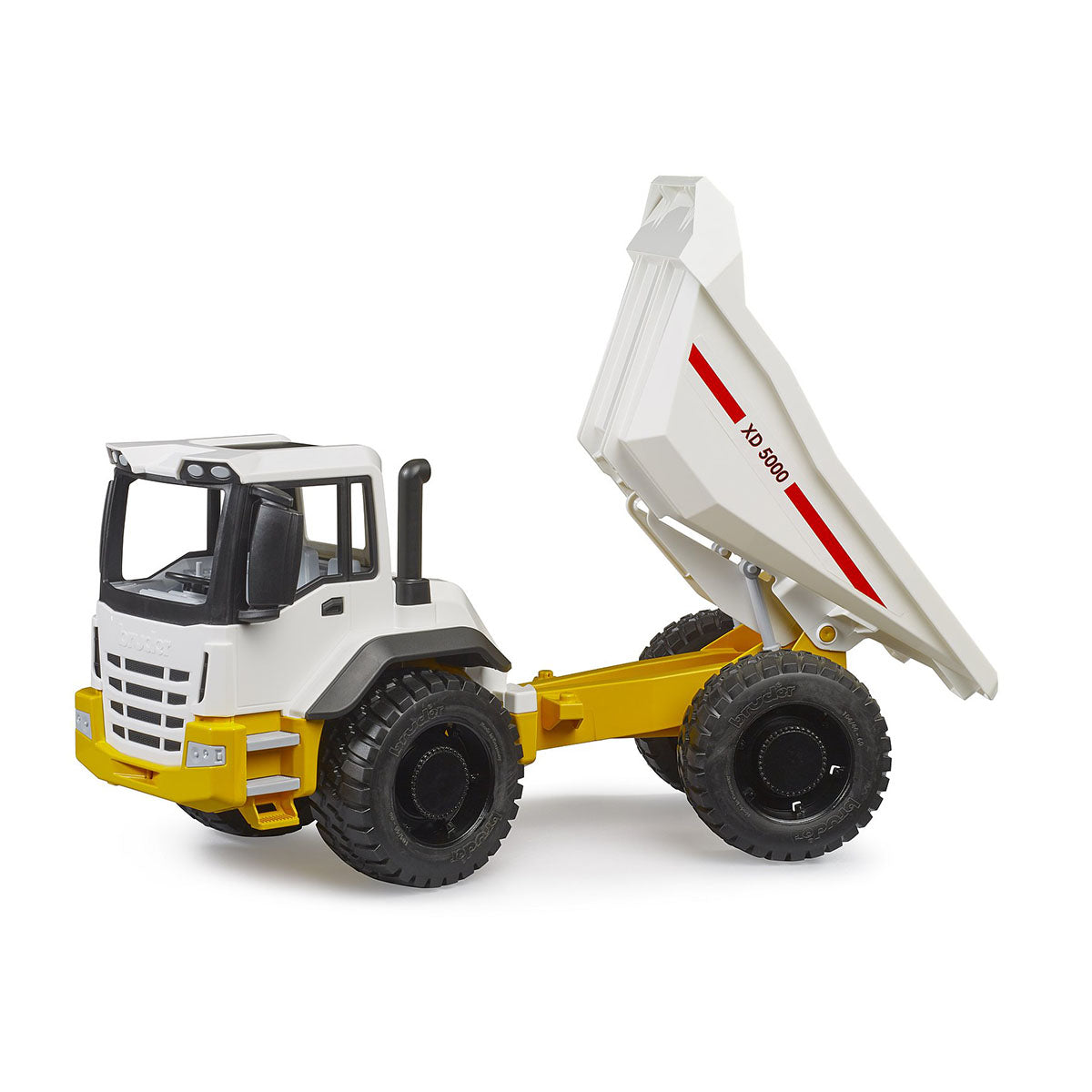 Roadmax dumptruck construction toy with bucket raised in dumping position.