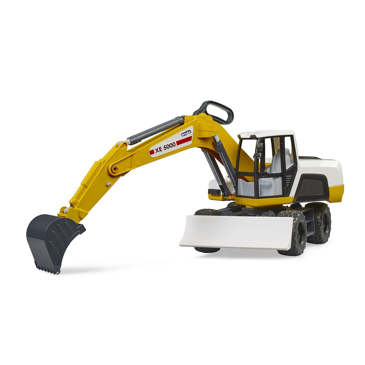 Roadmax excavator construction toy with arm stretched out prepared to excavate.