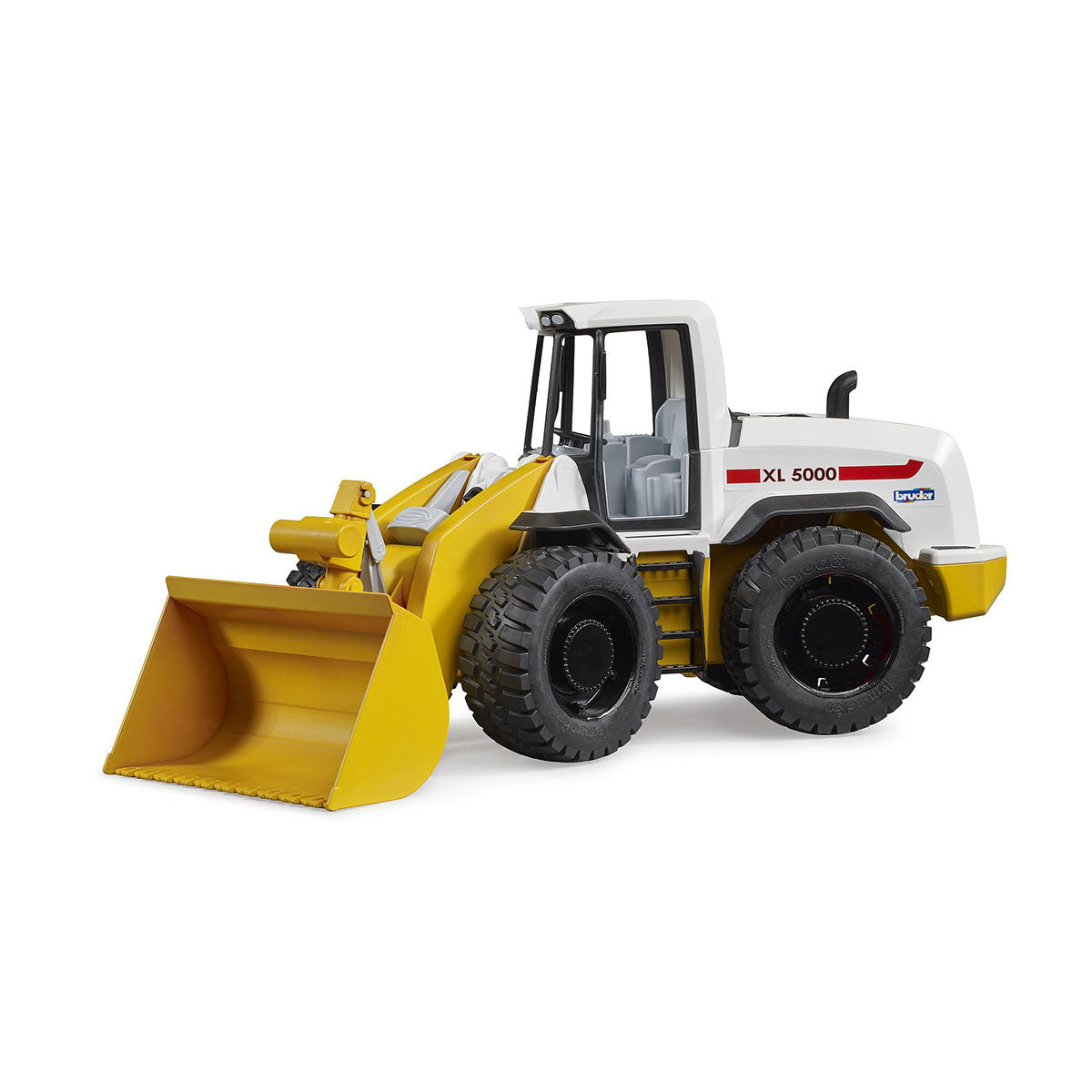 Left side of Roadmax wheel loader construction toy with front bucket and wheels turned to the left.