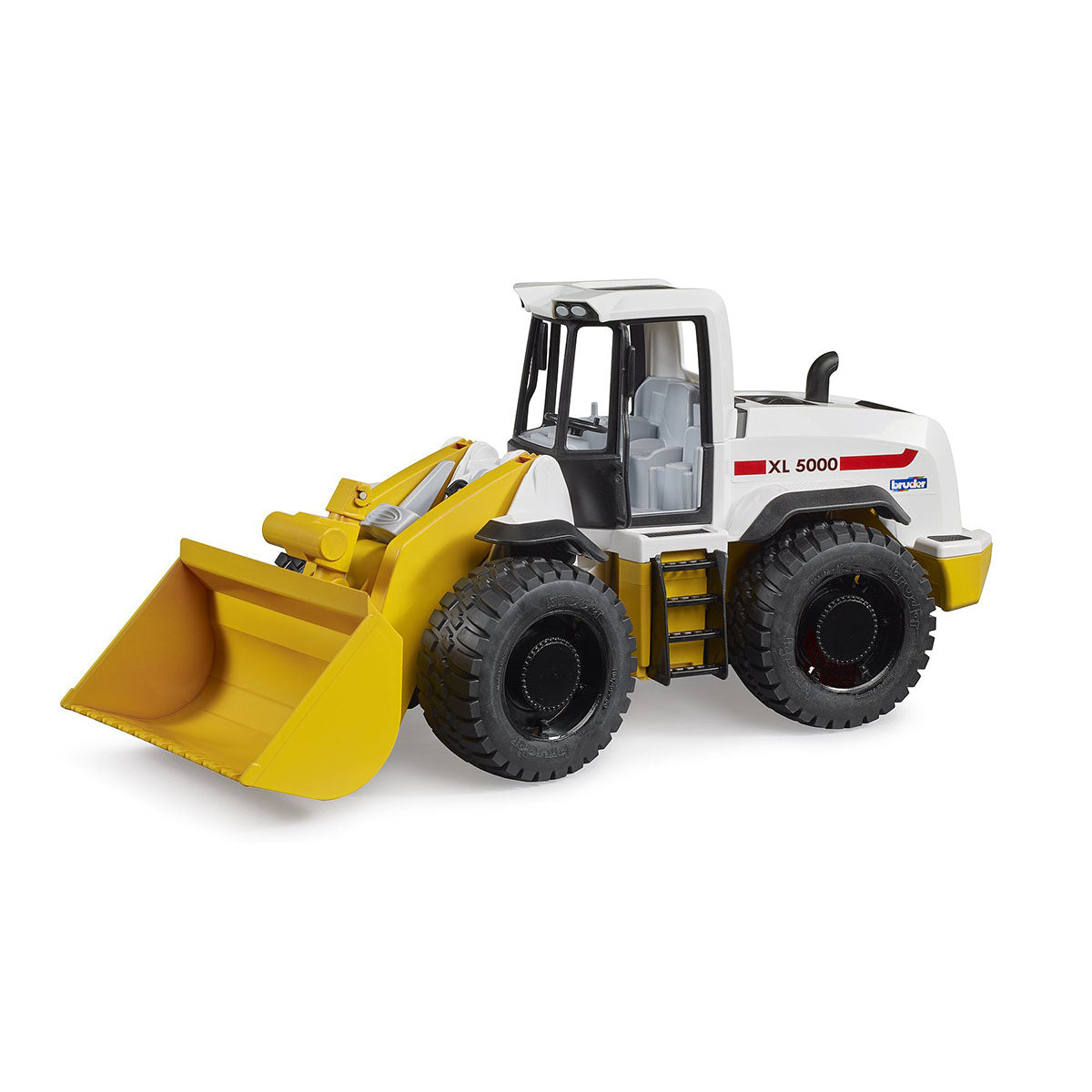 Left side of Roadmax wheel loader construction toy by Bruder.