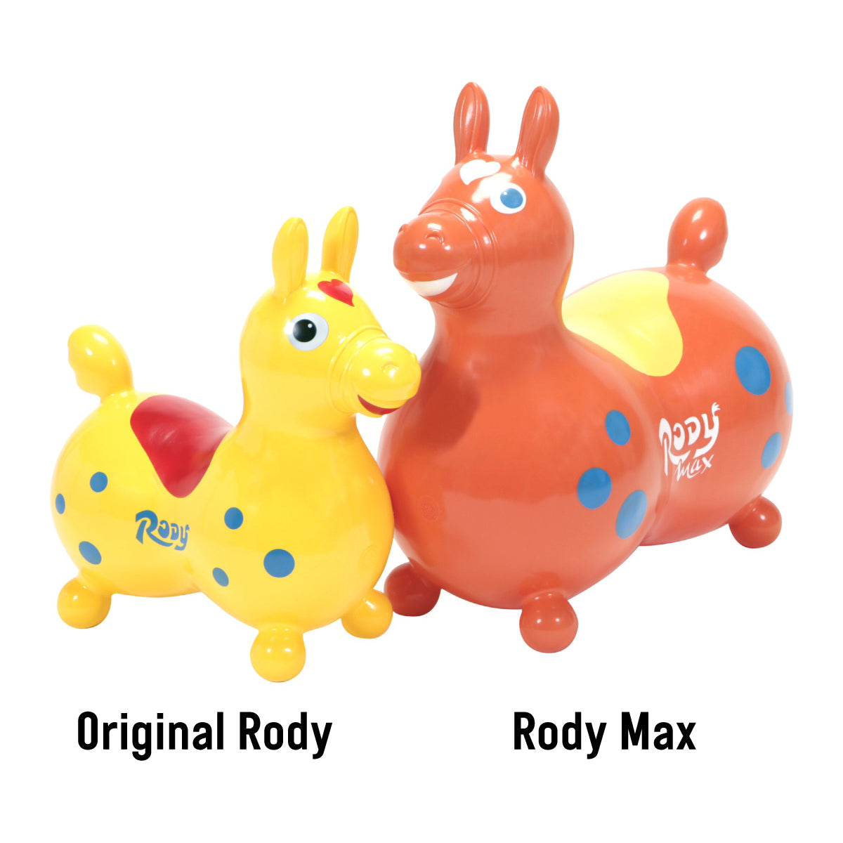 Rody Max next to an original Rody horse for size comparison