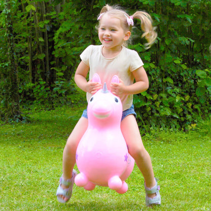 Child riding a Pink Rody Magical Unicorn from Gymnic 