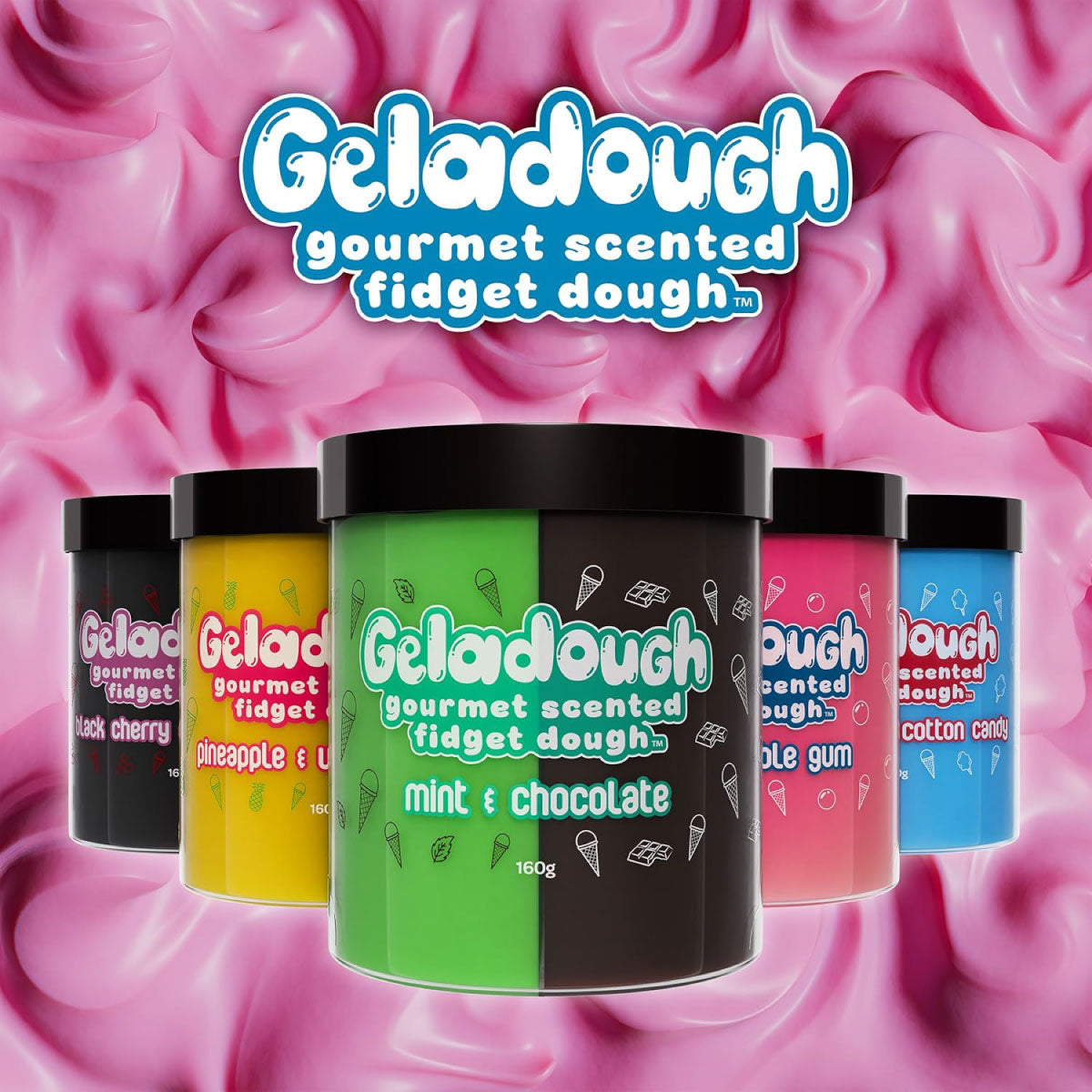Scentco Geladough gourmet scented fidget dough containers with a pink fidget dough background