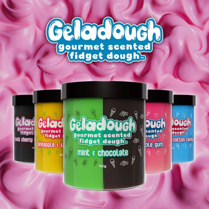 Scentco Geladough gourmet scented fidget dough containers with a pink fidget dough background