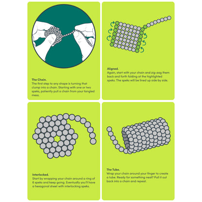 Speks fidget magnets can be formed into a million different shapes. The basics are a chain, aligned in a grid, wrapped in an interlocking hexagonal shape, and coiled to create a tube.