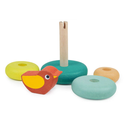 Wooden, cute and colorful stacking toy with four donut-shaped rings of different sizes and a cute bird perched on top, from Mentari.