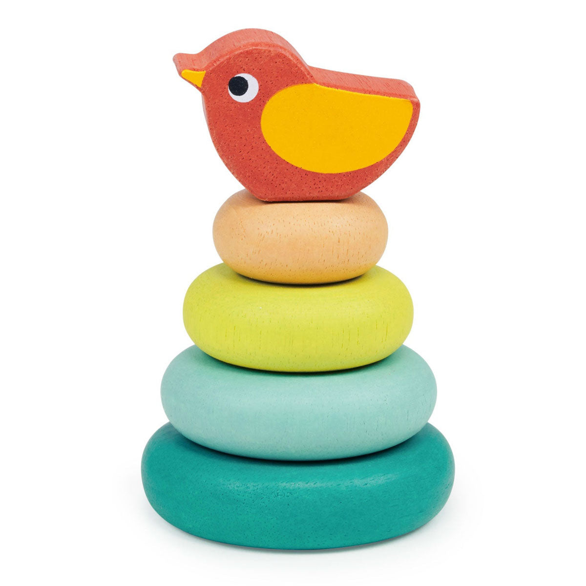 Wooden, cute and colorful stacking toy with four donut-shaped rings of different sizes and a cute bird perched on top, from Mentari.