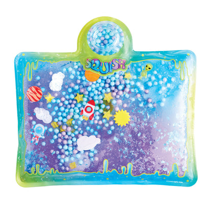Super Squish Fidget Bag shown filled with water, squish colors, and space scene accents