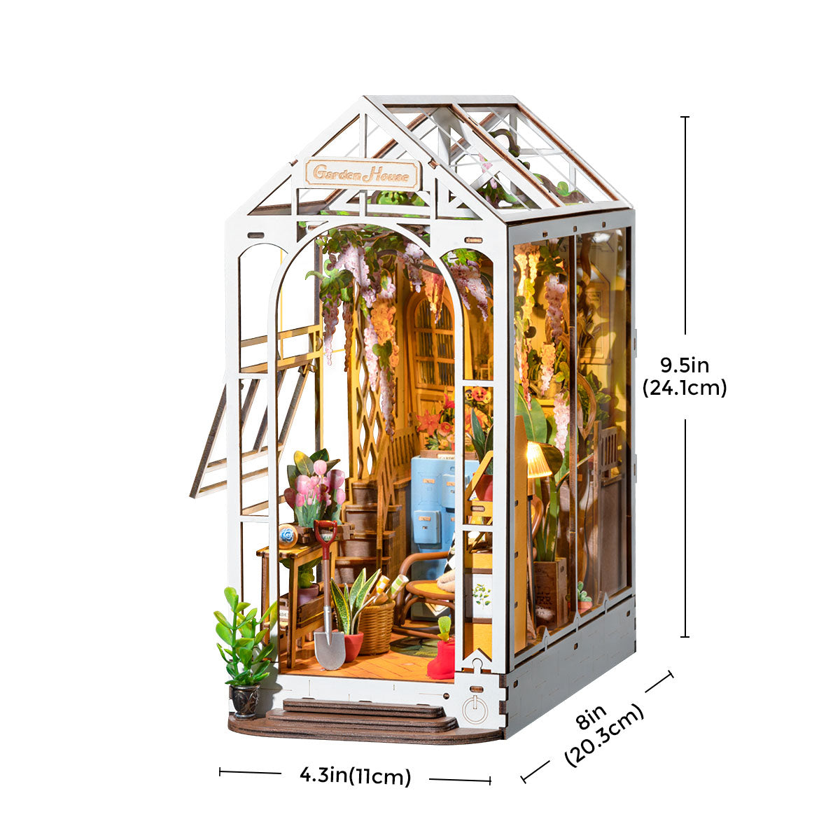 Measurements of DIY Miniature Book Nook Kit, Garden House, from Hands Craft.