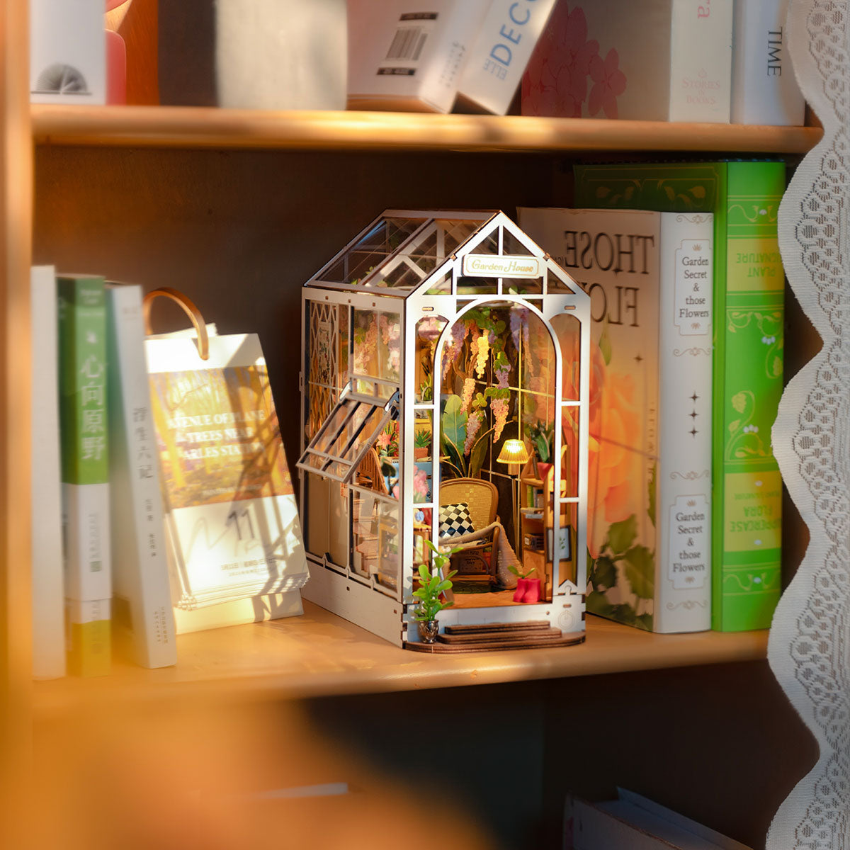 DIY Miniature Book Nook Kit, Garden House, on bookshelf, from Hands Craft.