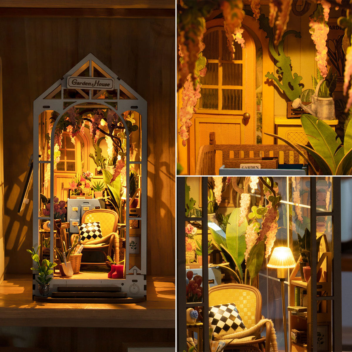 3-up collage of DIY Miniature Book Nook Kit, Garden House, with the warm interior lights on, from Hands Craft.