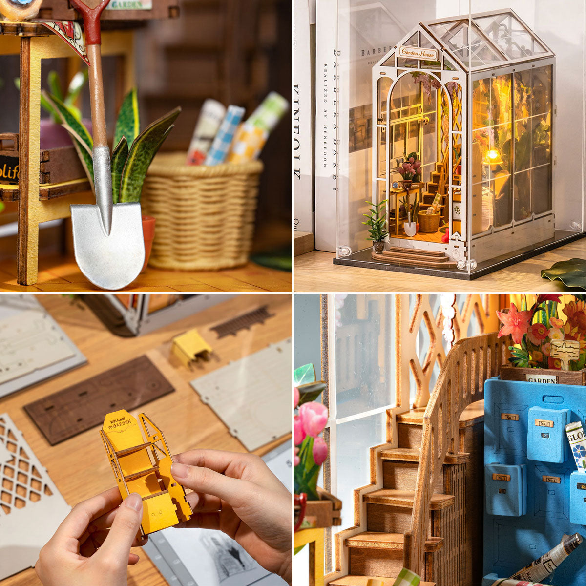 4-up collage of DIY Miniature Book Nook Kit, Garden House, from Hands Craft.