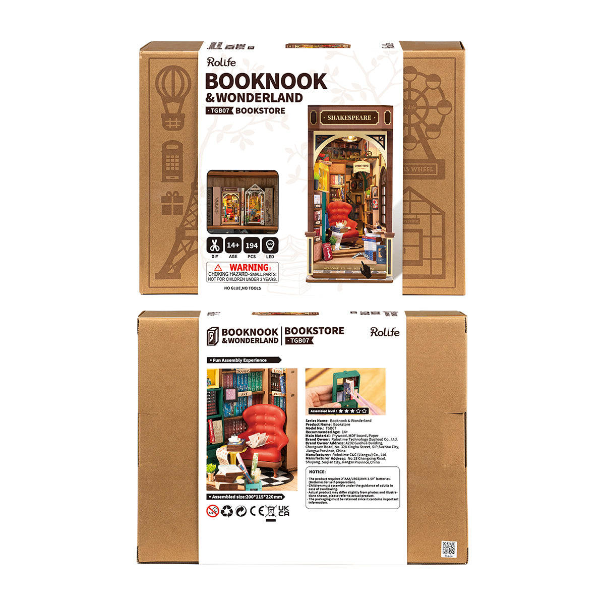 Front and back of the box for the DIY Miniature Book Nook Kit, Shakespeare-inspired Bookstore, from Hands Craft.