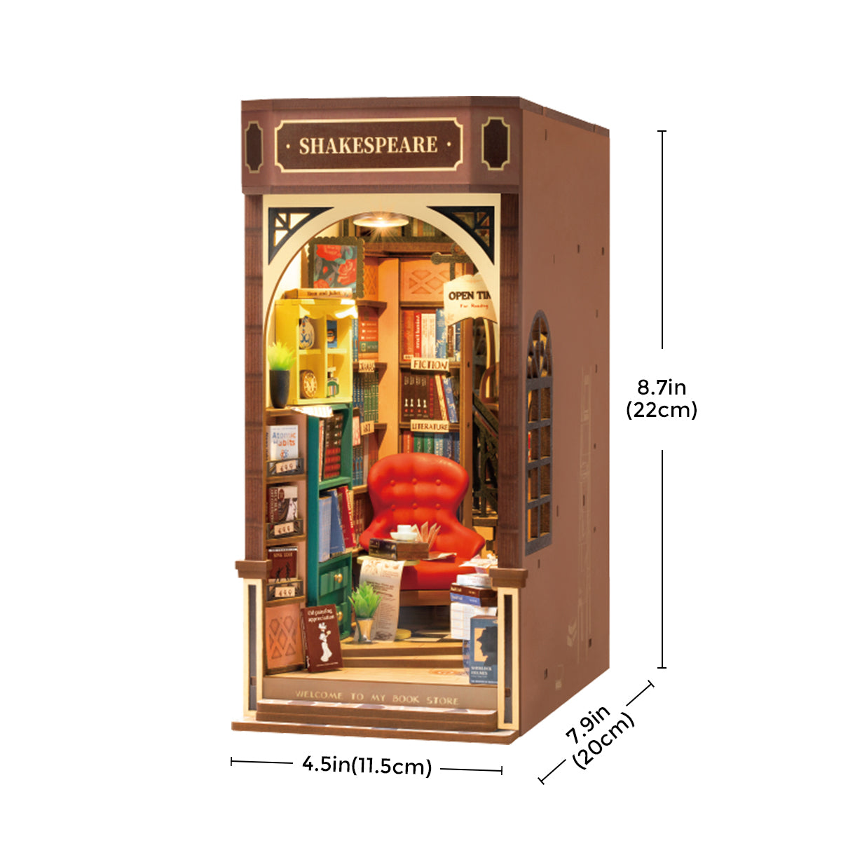 Dimensions of DIY Miniature Book Nook Kit, Shakespeare-inspired Bookstore, from Hands Craft.