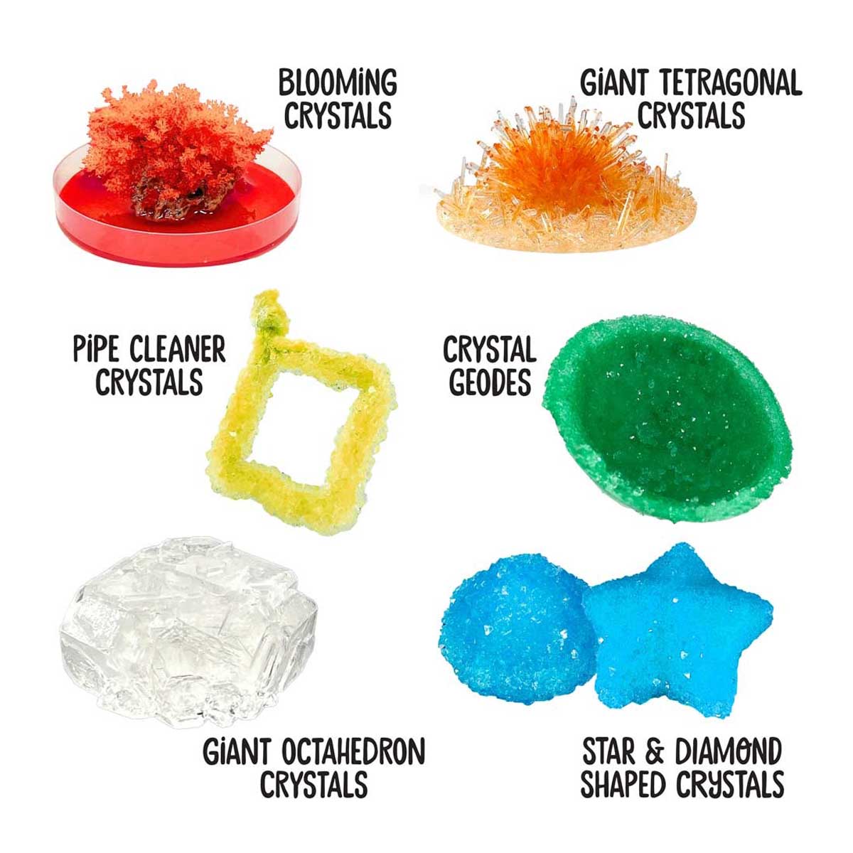 Six types of crystals. Thames and Kosmos Ooze Labs: Big Bucket of Crystal Growing