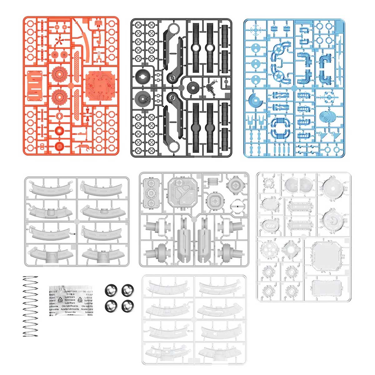 Red, black, and blue plastic parts trees and more for assembling Thames and Kosmos Orbital 3D Maze