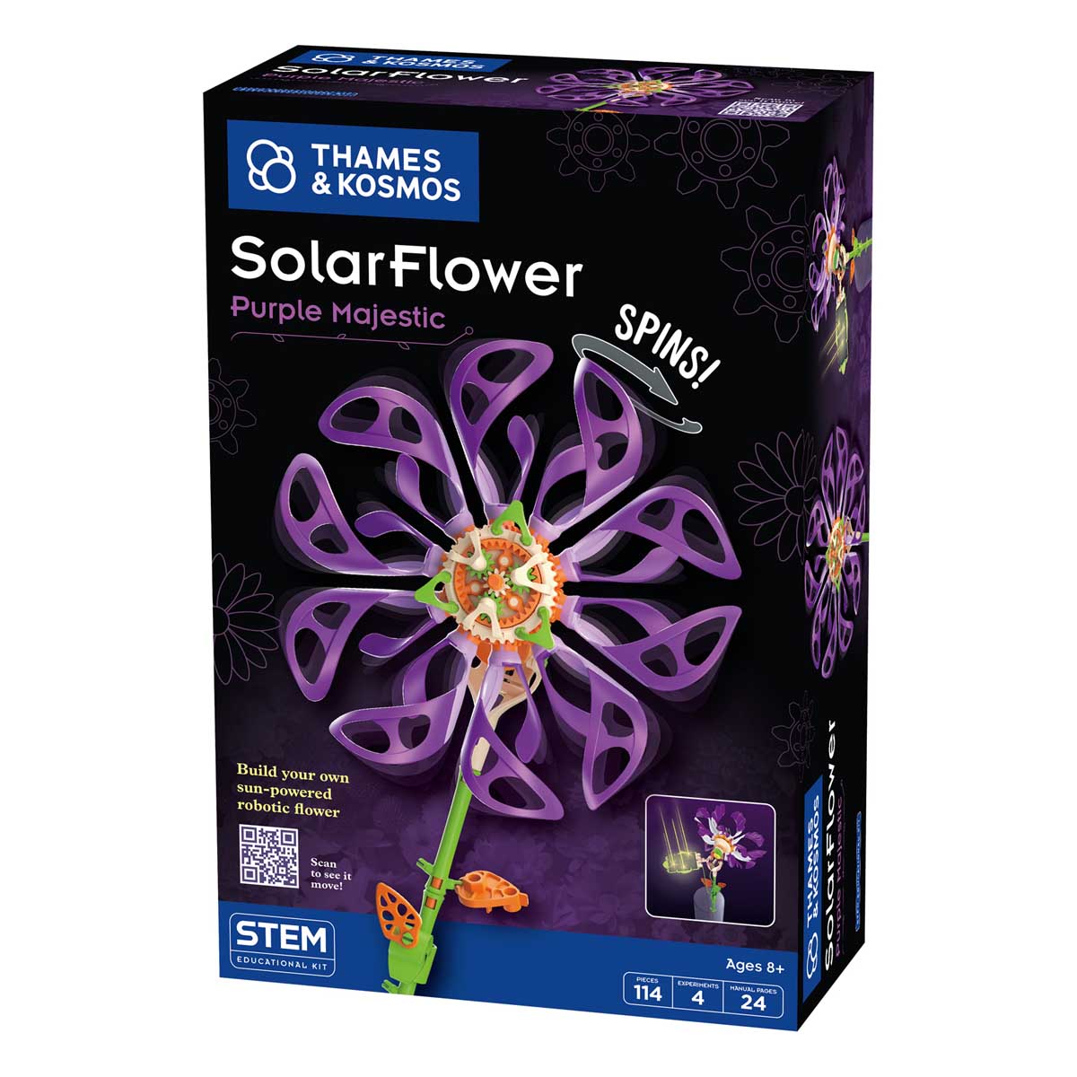 Front of box with an image of the purple mechanical flower by Thames and Kosmos SolarFlower Purple Majestic