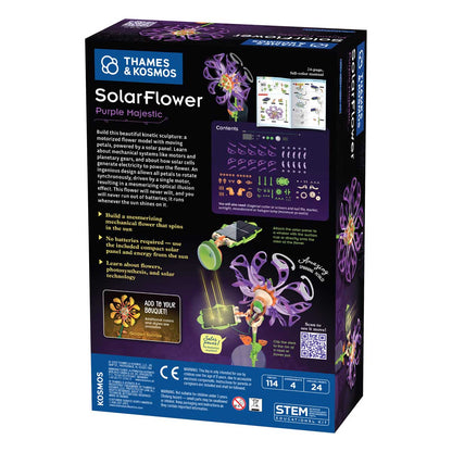 The back of the box for the purple mechanical flower by Thames and Kosmos SolarFlower Purple Majestic