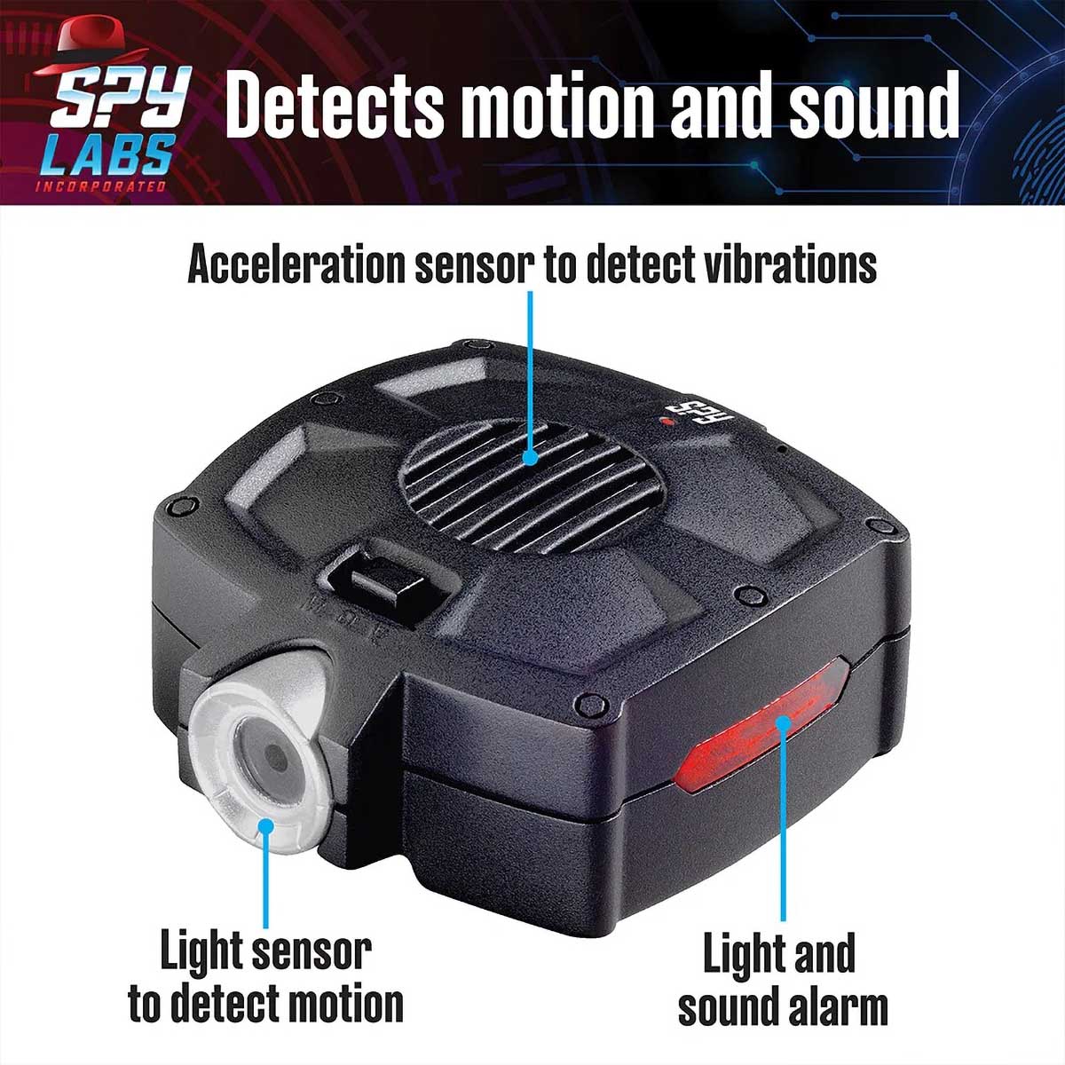 Product on white with text, Detects motion and sound. Thames and Kosmos Spy Labs Motion Detector Alarm