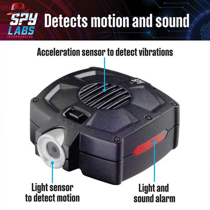 Product on white with text, Detects motion and sound. Thames and Kosmos Spy Labs Motion Detector Alarm