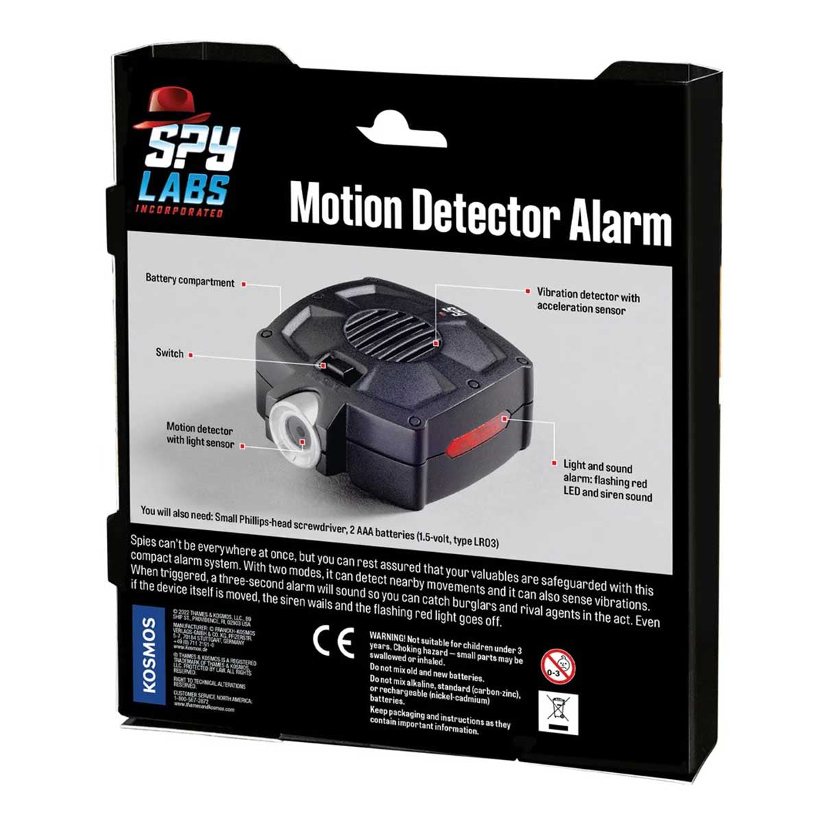 Back of product box. Thames and Kosmos Spy Labs Motion Detector Alarm