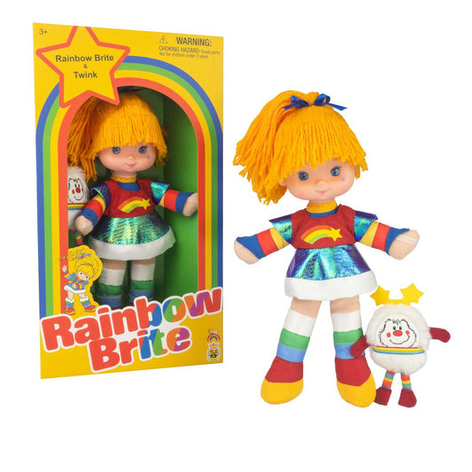 The Loyal Subjects Rainbow Brite Classic 9" Doll with Twink Plush standing together in front of box