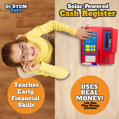 Child playing with a toy cash register labeled 'Solar-Powered Cash Register' by Dr. STEM Toys Thin Air Brands.