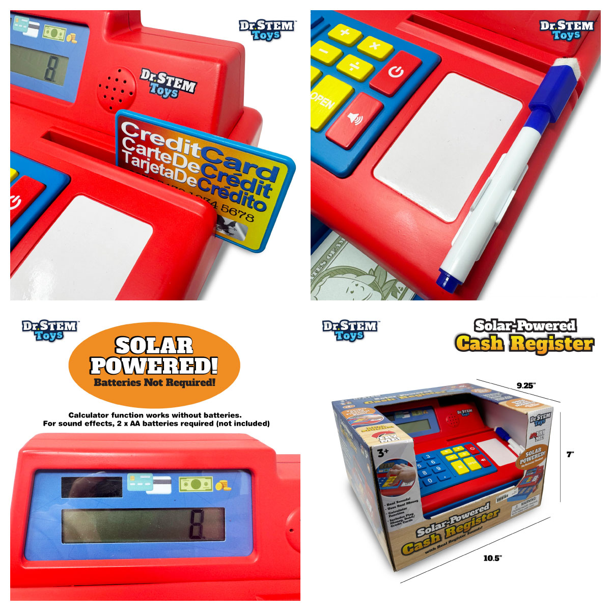 Thin Air Brands Dr STEM Toys Solar Powered Cash Register Toy features