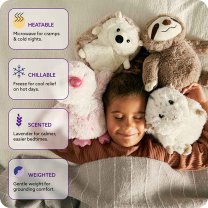Warmies plush stuffed animals: heatable, chillable, scented, weighted.