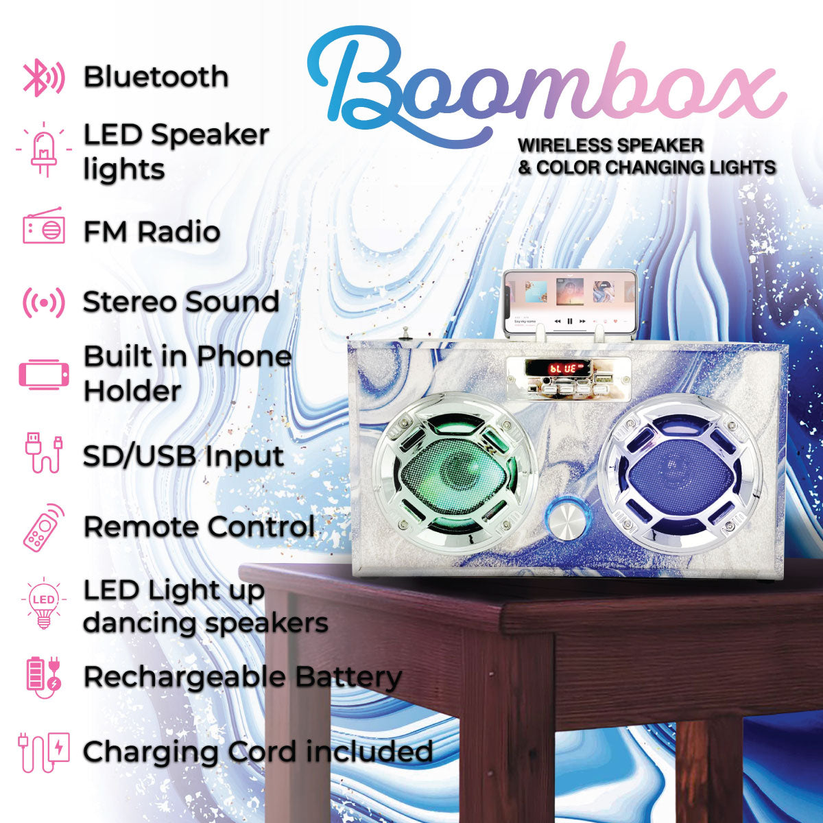 Wireless Express Boombox Couture FM Radio + Bluetooth Boombox Blue Swirl
