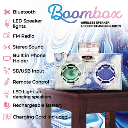 Wireless Express Boombox Couture FM Radio + Bluetooth Boombox Blue Swirl