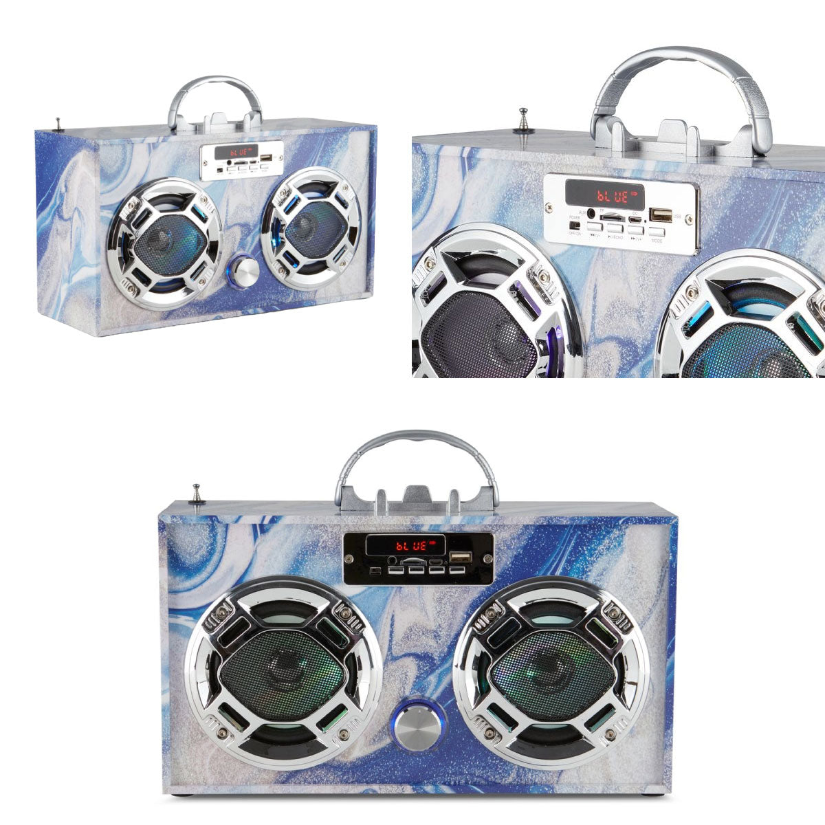 Wireless Express Boombox Couture FM Radio + Bluetooth Boombox Blue Swirl