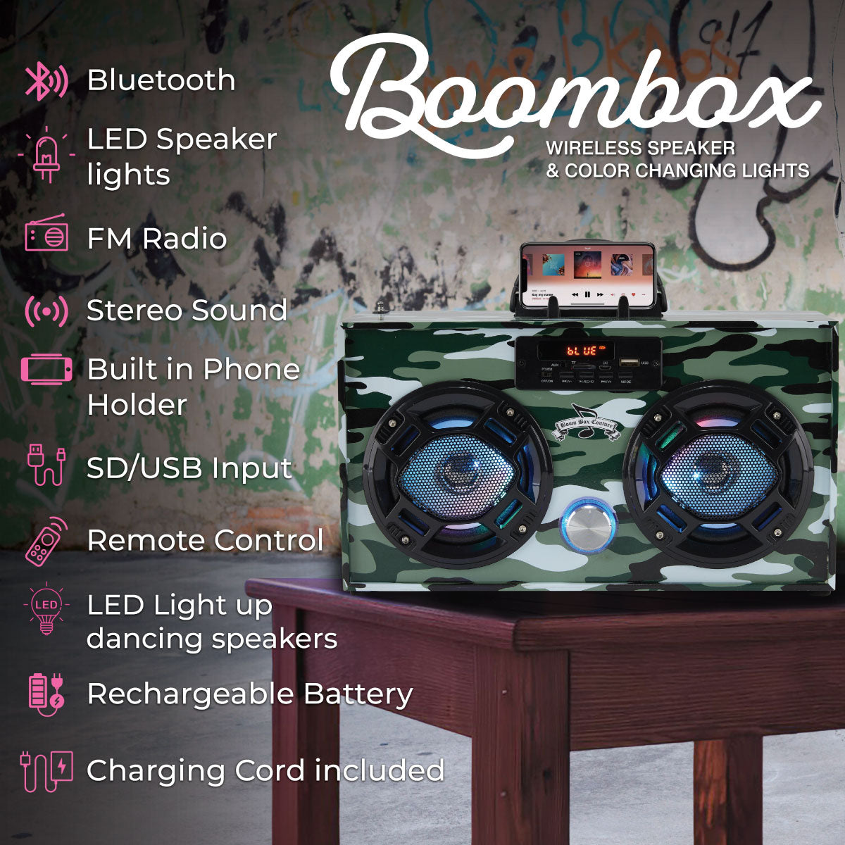 Wireless Express Boombox Couture FM Radio + Bluetooth Boombox Green Camo