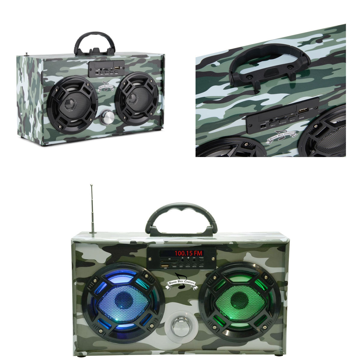 Wireless Express Boombox Couture FM Radio + Bluetooth Boombox Green Camo