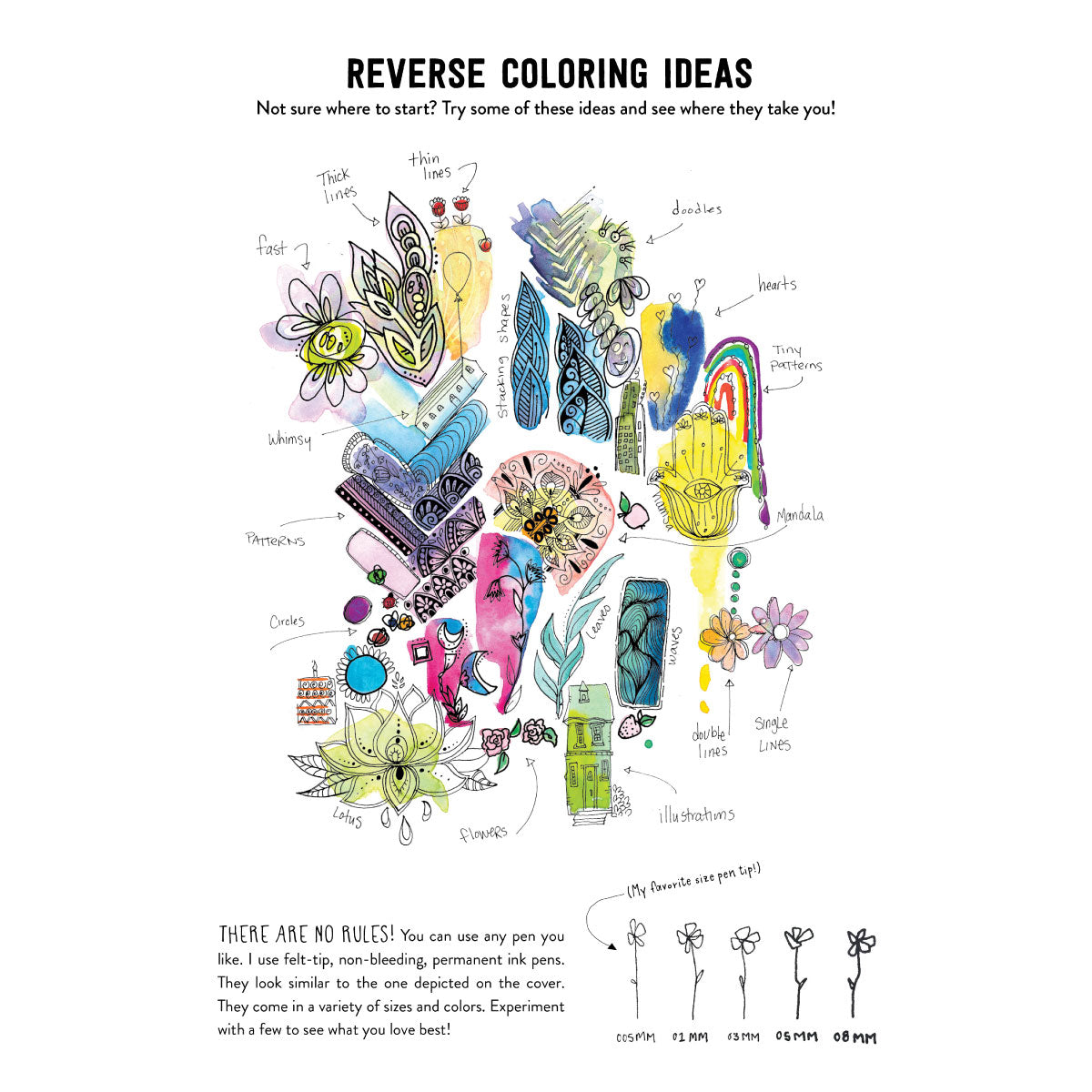 Coloring ideas from The Reverse Coloring Book Mindful Journeys by Kendra Norton