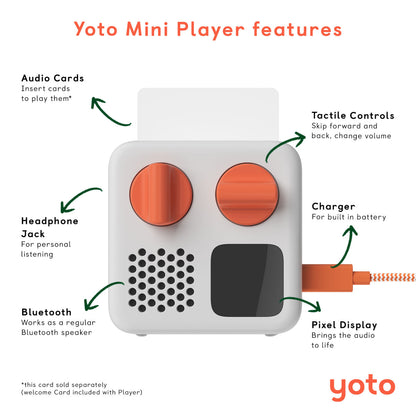 Yoto Mini Player 2024 Edition features a headphone jack, bluetooth pairing, tactile dial controls, the pixel display shows what's playing.