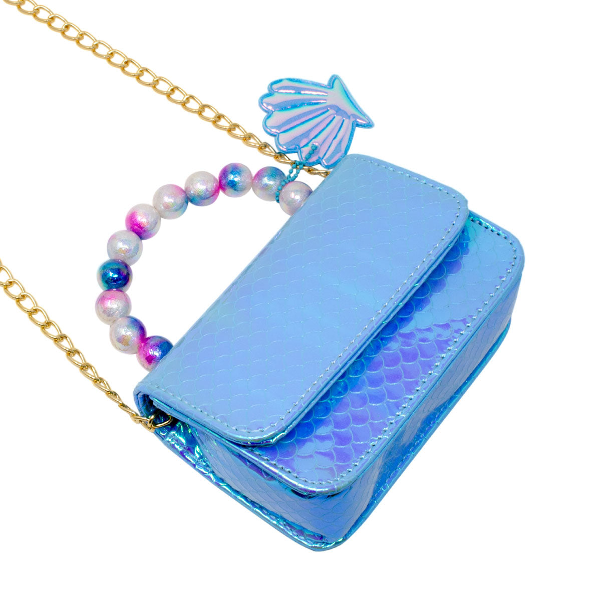 Blue Tiny Treasures Pearl Handle Shiny Mermaid Scale Seashell Handbag