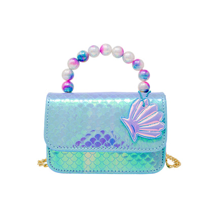 Blue Tiny Treasures Pearl Handle Shiny Mermaid Scale Seashell Handbag