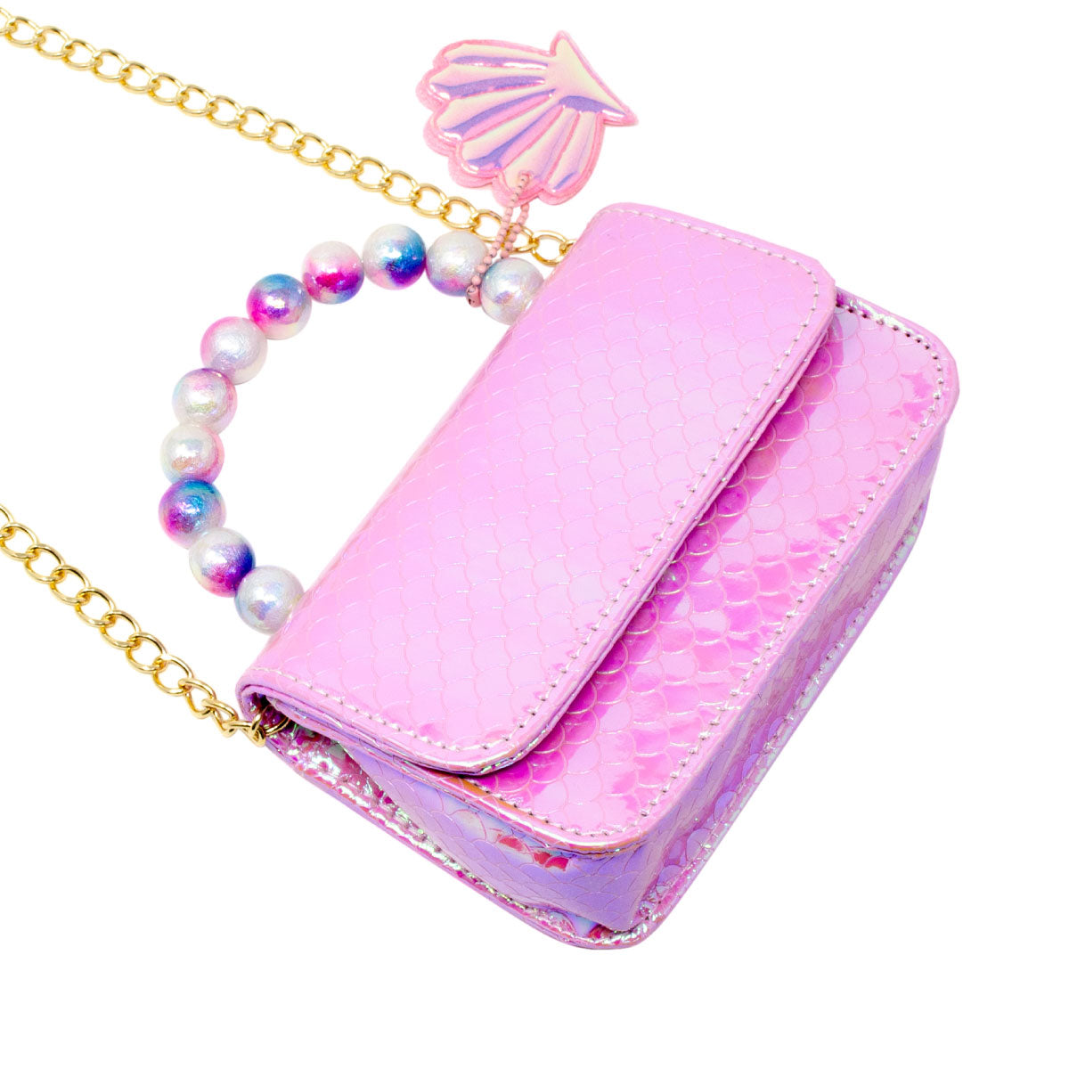 Pink Tiny Treasures Pearl Handle Shiny Mermaid Scale Seashell Handbag