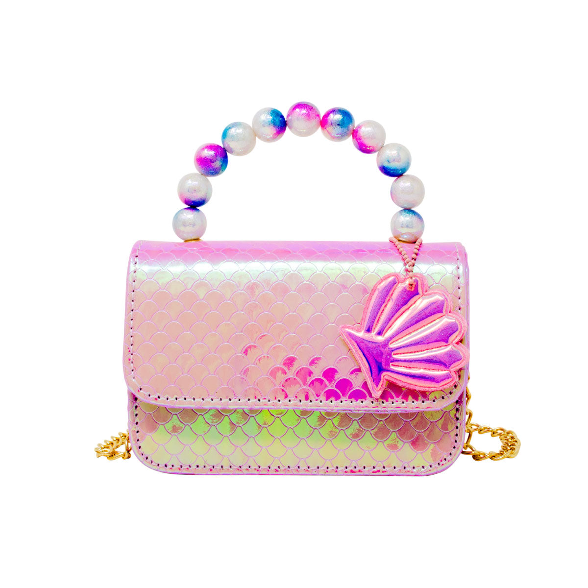 Pink Tiny Treasures Pearl Handle Shiny Mermaid Scale Seashell Handbag