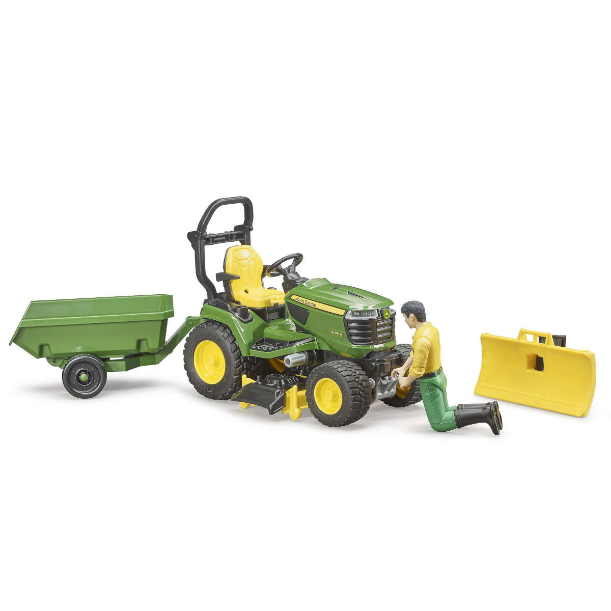 Bruder John Deere Lawn Tractor with Trailer and Figurine