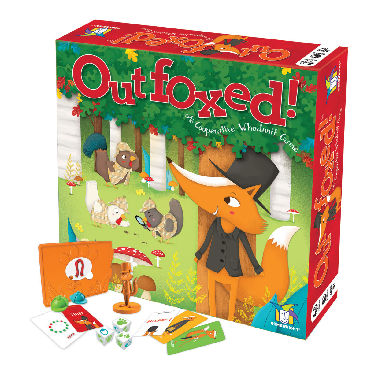 Box at an angel with contents - Gameright Outfoxed cooperative deduction mystery game 